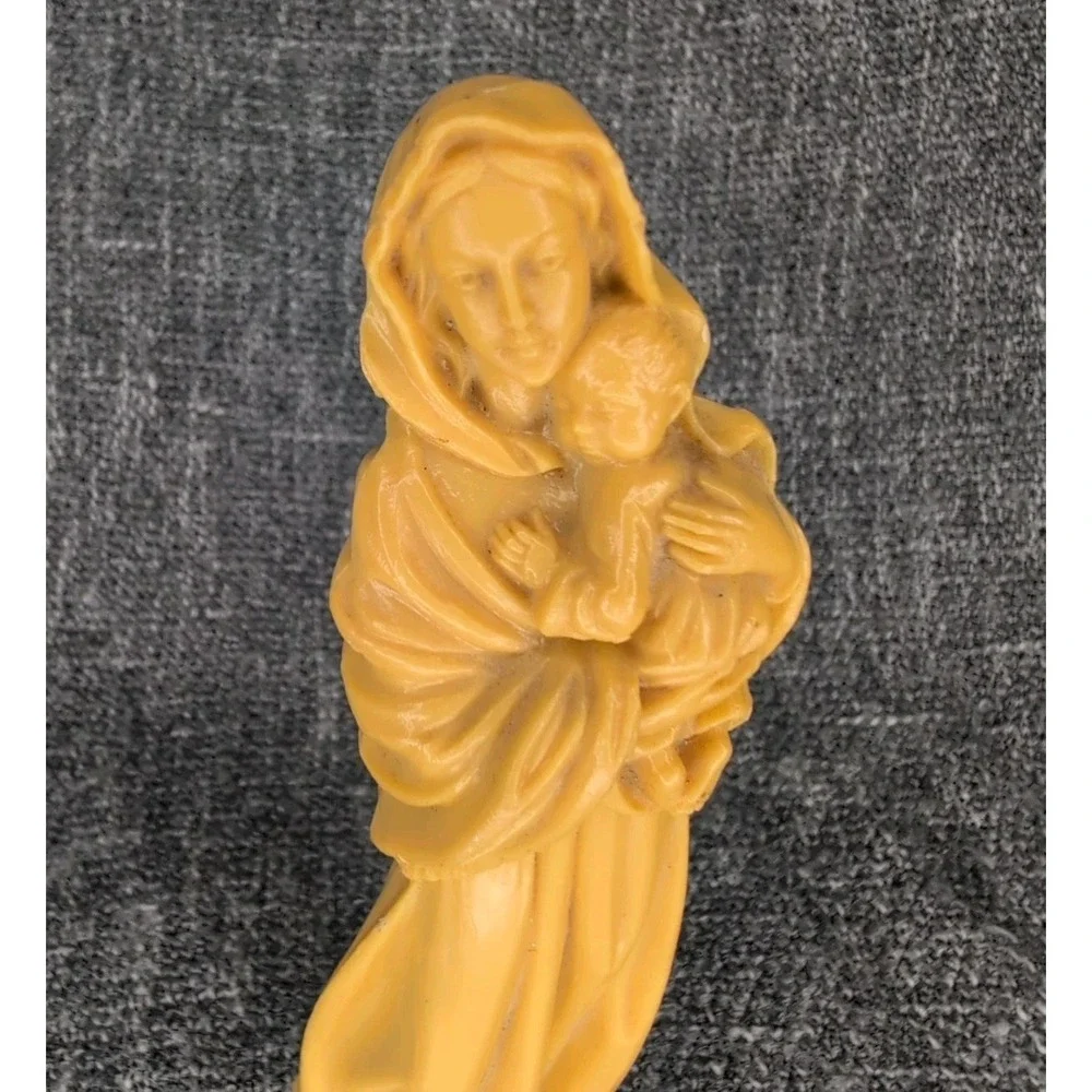 Vintage Madonna & Child Figurine Yellow Virgin Mary Statue Religious Decor 6.5